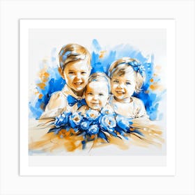 Three Children With Blue Flowers Art Print