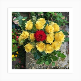 Top Down View Of Vibrant Yellow And Red Rose Bouquet 1 Art Print