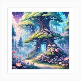 A Fantasy Forest With Twinkling Stars In Pastel Tone Square Composition 446 Art Print