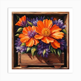 Orange Flowers In A Wooden Box Art Print