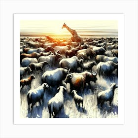 Giraffes And Sheep Art Print