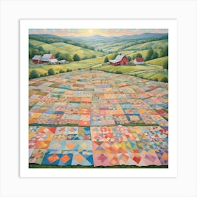 A Picturesque Countryside Scene With Patchwork Quilts Spread Out In A Field, Barns In The Background, And A Bright Sun In The Sky Art Print