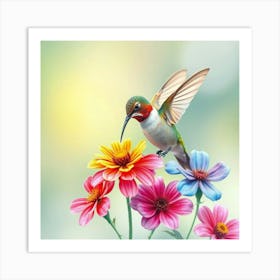 A Hummingbird Sipping Nectar From Rainbow Colored Flowers In A Soft Watercolor Scene Art Print