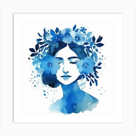 woman portrait with blue watercolour floral head crown  Art Print