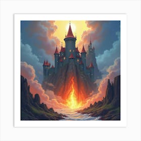 Titan Crushing Enchanted Fortress, Watercolor, Explosive Colors 1 Art Print