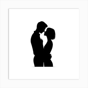 Title: "Embrace in Contrast"  Description: "Embrace in Contrast" offers a powerful depiction of love through a minimalist silhouette, where two figures are locked in an intimate embrace. This stark black and white image symbolizes pure connection and unity, making it a compelling visual for those seeking art that reflects the depth of human relationships. It's a resonant piece for collections centered on love, togetherness, and the elegance of simplicity in design. Art Print