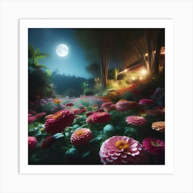 A Picture Of A Garden With Flowers Blooming At Night Under The Moon With The Camera Pointed Low Towards The Ground 1 Art Print