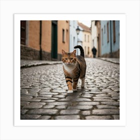 A Cat Walks On Its Hind Legs Down A Cobblestone Street Lined With Buildings Art Print