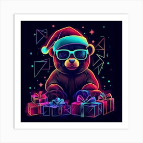 Vector Illustration Glowing Neon Bear In A Santa Art Print