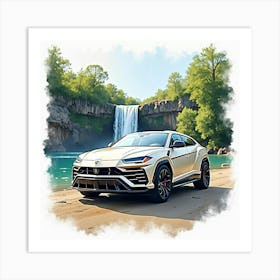 Watercolor Lamborghini Urus Near A Serene Waterfall 1 1 Art Print