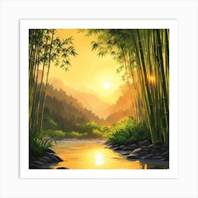 A Stream In A Bamboo Forest At Sun Rise Square Composition 155 Art Print
