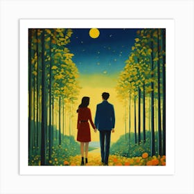 Couple Walking In The Woods Art Print