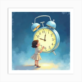 Little Girl Looking At Alarm Clock Art Print