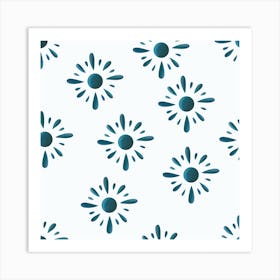 Dark Blue Suns On Light Blue Pattern Square Art Print