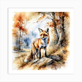 Fox Standing Amidst Autumn Withered Grass Art Print