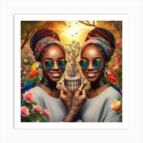 Two African Women With Parrots Art Print