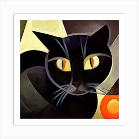 Black Cubist Cat With Orange Art Print