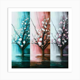 Three different paintings each containing cherry trees in winter, spring and fall 7 Art Print