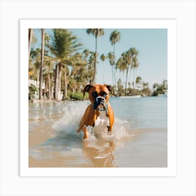 A dog boxer swimming in beach and palm trees 1 Art Print