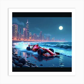 Formula Car Racing Along A Coastline Under Neon Lit Skyscrapers, Waves Crashing Below 1 Art Print