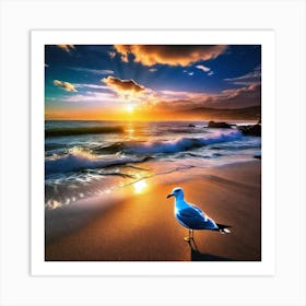 Seagull On The Beach At Sunset Art Print