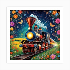 Folk Art Night Train  Art Print