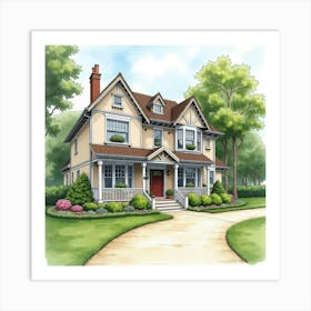 An English Home With A Well Maintained Garden And A Welcoming Front Porch, Watercolor 1 Art Print