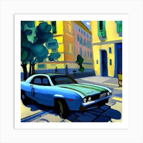 A painting of a modern blue car driving down a street Art Print