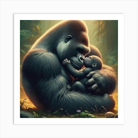 Gorilla Hugging Baby Art Print