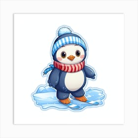 Cute Penguin Skiiing On Ice Art Print