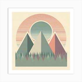 "Pastel Peaks"   A trio of mountains cast in a soft pastel glow stands beneath a textured sun, the scene encapsulating a retro yet timeless aesthetic. The dotted trees add depth, while the subtle gradients and halftone patterns evoke a sense of calm nostalgia. This piece melds natural beauty with a graphic sensibility, ideal for a chic, modern home. Art Print
