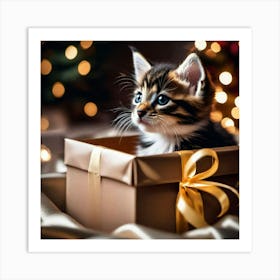 Cat with presents, golden lights Art Print