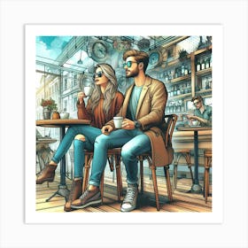 Couple In Cafe 1 Art Print