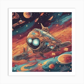 A Retro Style Cosmic Marvels Blasting Space, With Colorful Exhaust Flames And Stars In The Backgroun (1) Art Print