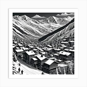 Ski Resort Monochrome Cubism Style Art Print