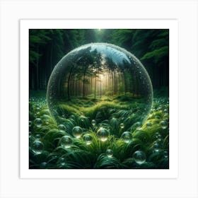 A glass sphere reflecting a lush forest with sunlight through the trees. Art Print