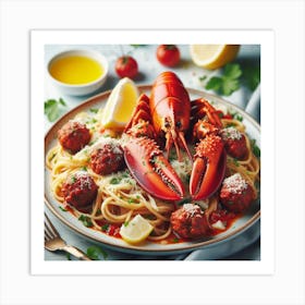 Spaghetti & meatballs +Lobster Art Print