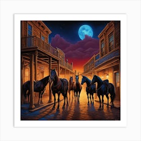 Cowboys At Night Art Print