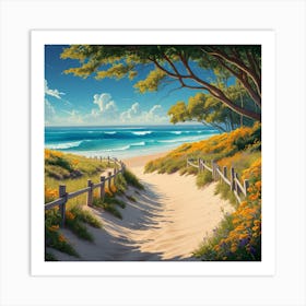 Tranquil Shores: A Serene Beachscape with Vibrant Wildflowers 1 Art Print