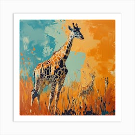 Herd Of Giraffes Running Through The Grass Acrylic Painting Inspired 2 Art Print