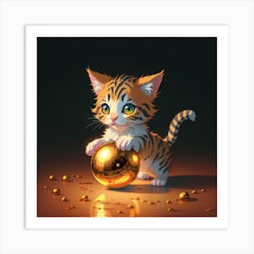 A little kitten playing with a golden ball Art Print