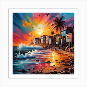 Sunset's Embrace Over Beachside Residences Art Print