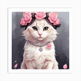 Cat With Roses Art Print