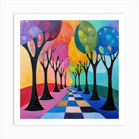 trees with black trunks and leaves in various colors 5 Art Print