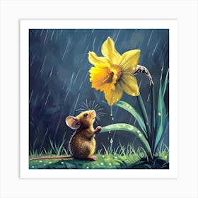 A Delicate Shelter - Mouse & Daffodil In The Rain Art Print