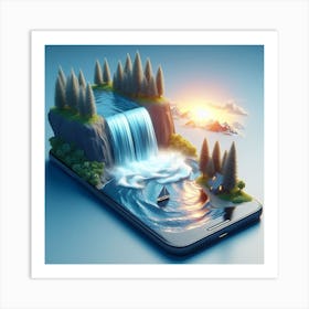 A smartphone whose screen displays a miniature view of a waterfall. 5 Art Print