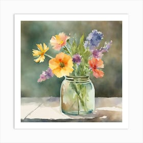 Watercolor Flowers In A Mason Jar Art Print