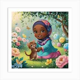 Muslim Girl With Kitten Art Print