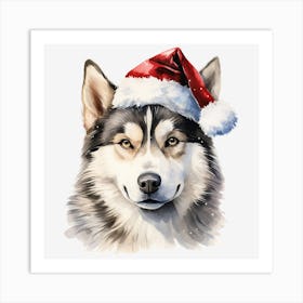 Husky Santa Hat Art Print