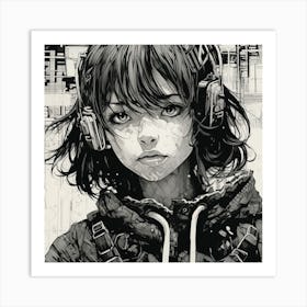 Girl With Headphones Art Print